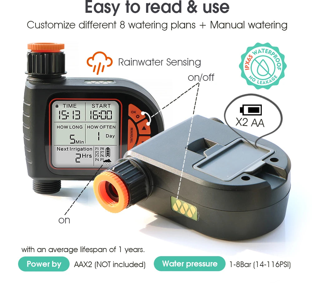 5-50M Garden Smart Rain Sensor Timer Drip Watering Kit for Outdoors Plants 1/4" Adjustable Dropper Automatic Irrigation System