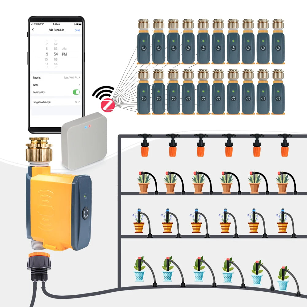 Temporizador Zigbee de jardín de 20 m, kit de riego por aspersión de múltiples tipos, manguera de 1/4'', sistema de riego con control remoto por aplicación inteligente