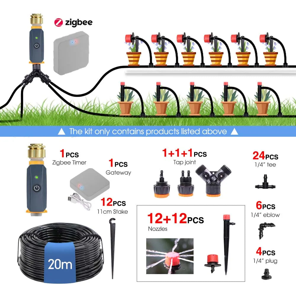 Temporizador Zigbee de jardín de 20 m, kit de riego por aspersión de múltiples tipos, manguera de 1/4'', sistema de riego con control remoto por aplicación inteligente