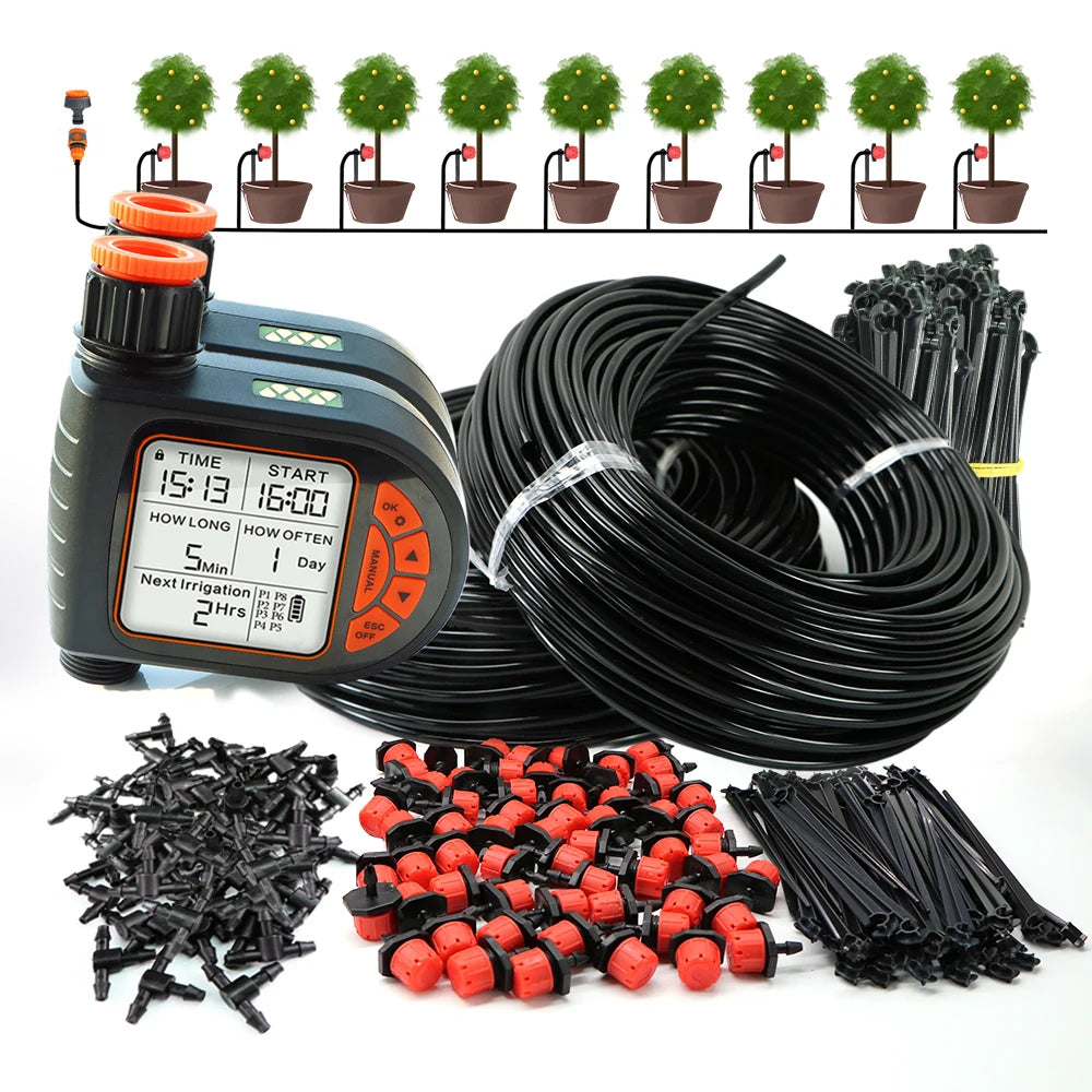 5-50M Garden Smart Rain Sensor Timer Drip Watering Kit for Outdoors Plants 1/4" Adjustable Dropper Automatic Irrigation System