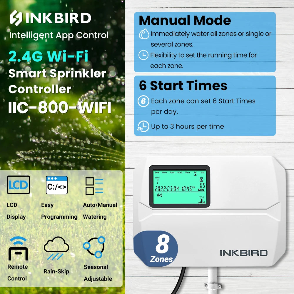 INKBIRD Controlador de Aspersores WIFI de 6 u 8 Zonas Tipo UE, Usado para Riego Inteligente con Ajuste Estacional