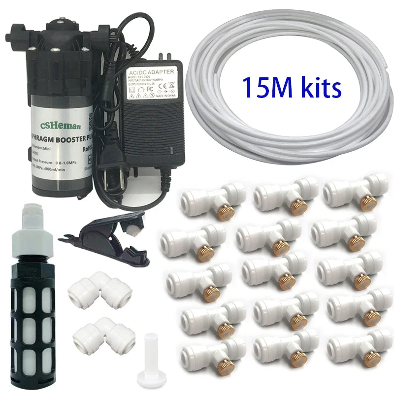 DIY Quiet Misting Cooling System Kits with DC24V Quiet Water Pump Fog Nozzle Sprayer for Patio, Garden,Greenhouse, Backyard