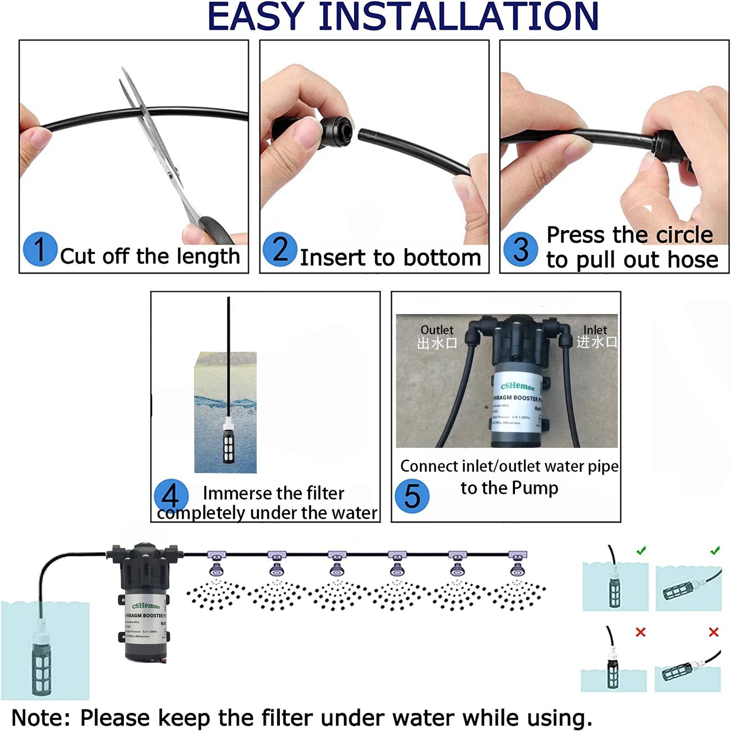 DIY Quiet Misting Cooling System Kits with DC24V Quiet Water Pump Fog Nozzle Sprayer for Patio, Garden,Greenhouse, Backyard