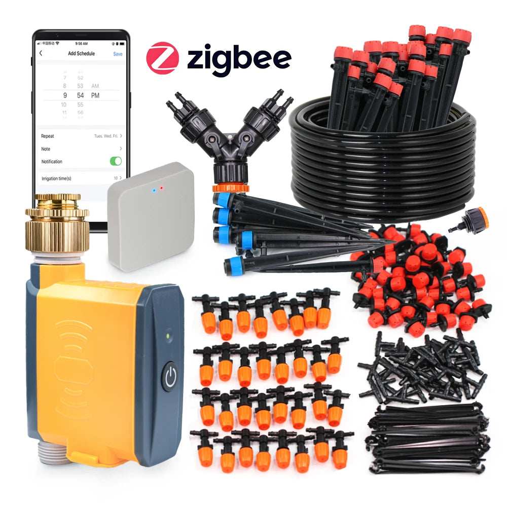 Temporizador Zigbee de jardín de 20 m, kit de riego por aspersión de múltiples tipos, manguera de 1/4'', sistema de riego con control remoto por aplicación inteligente