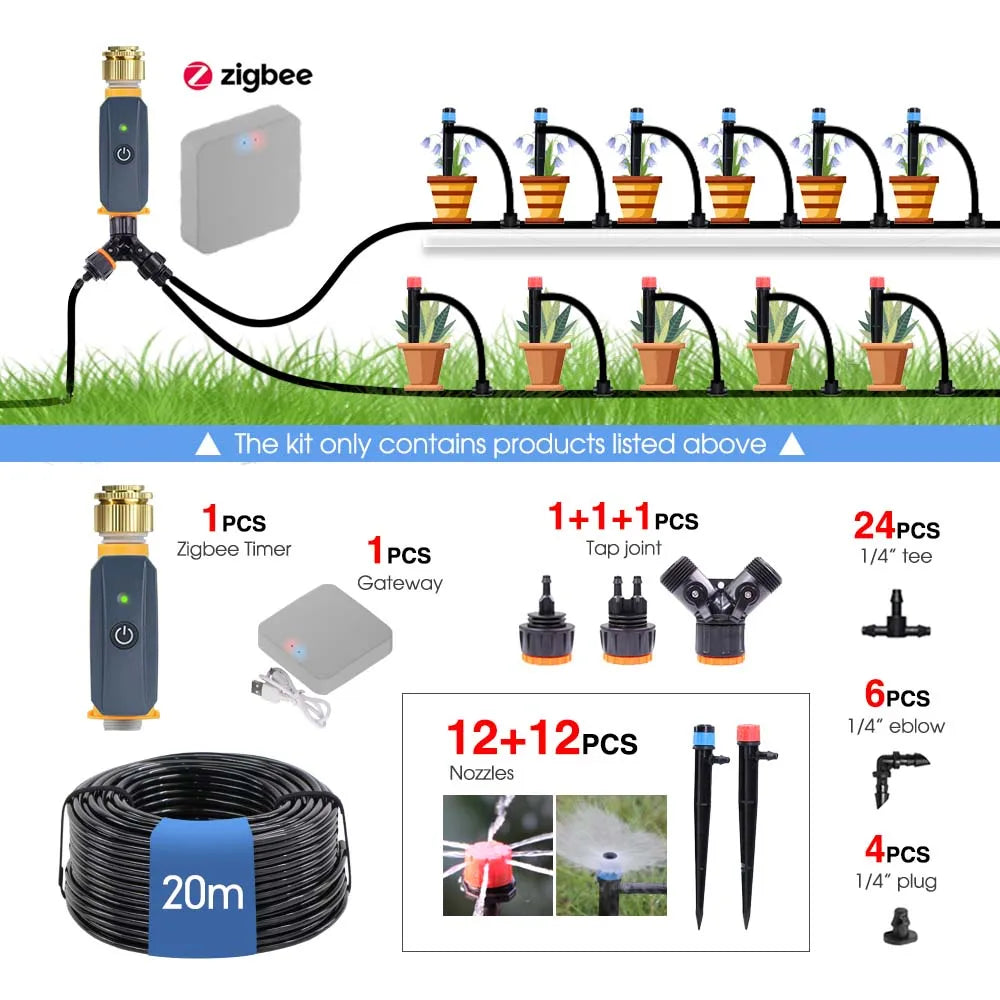 Temporizador Zigbee de jardín de 20 m, kit de riego por aspersión de múltiples tipos, manguera de 1/4'', sistema de riego con control remoto por aplicación inteligente