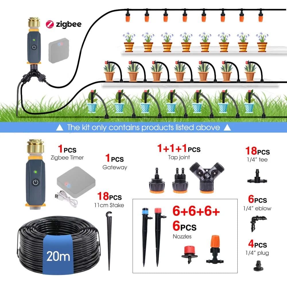 Temporizador Zigbee de jardín de 20 m, kit de riego por aspersión de múltiples tipos, manguera de 1/4'', sistema de riego con control remoto por aplicación inteligente