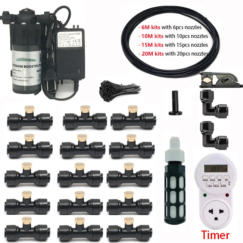 DIY Quiet Misting Cooling System Kits with DC24V Quiet Water Pump Fog Nozzle Sprayer for Patio, Garden,Greenhouse, Backyard