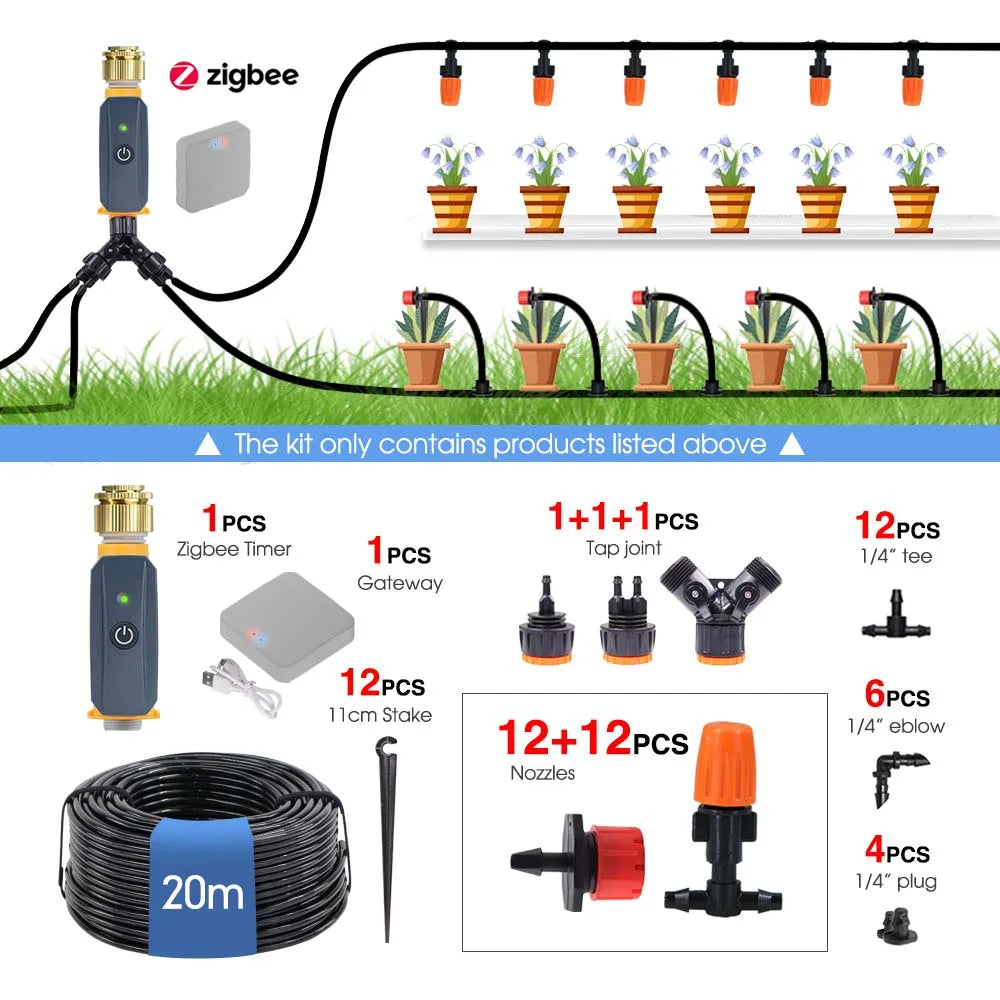 Temporizador Zigbee de jardín de 20 m, kit de riego por aspersión de múltiples tipos, manguera de 1/4'', sistema de riego con control remoto por aplicación inteligente