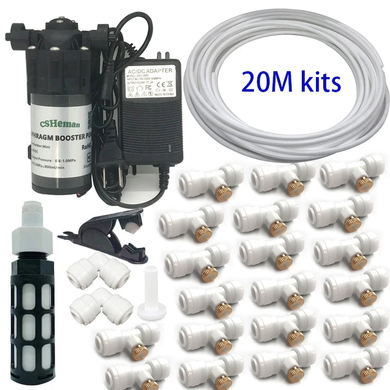DIY Quiet Misting Cooling System Kits with DC24V Quiet Water Pump Fog Nozzle Sprayer for Patio, Garden,Greenhouse, Backyard